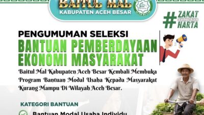 Baitul Mal Kabupaten (BMK) Aceh Besar akan memberikan bantuan pemberdayaan ekonomi bagi masyarakat berupa modal usaha, dalam rangka meningkatkan pendapatan usaha mikro dan melepaskan mereka dari jeratan utang riba.