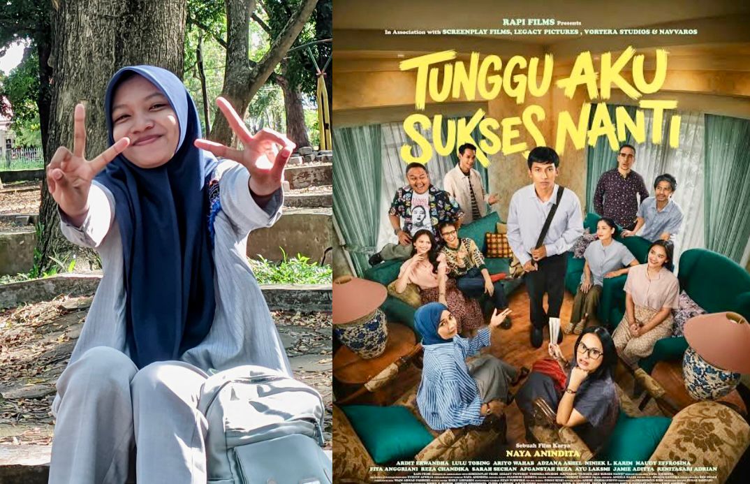 FOTO: Mahasiswa Prodi Pendidikan Bahasa Indonesia, Universitas Syiah Kuala, Ellychiea Putri dan Poster Film Tunggu Aku Sukses Nanti.